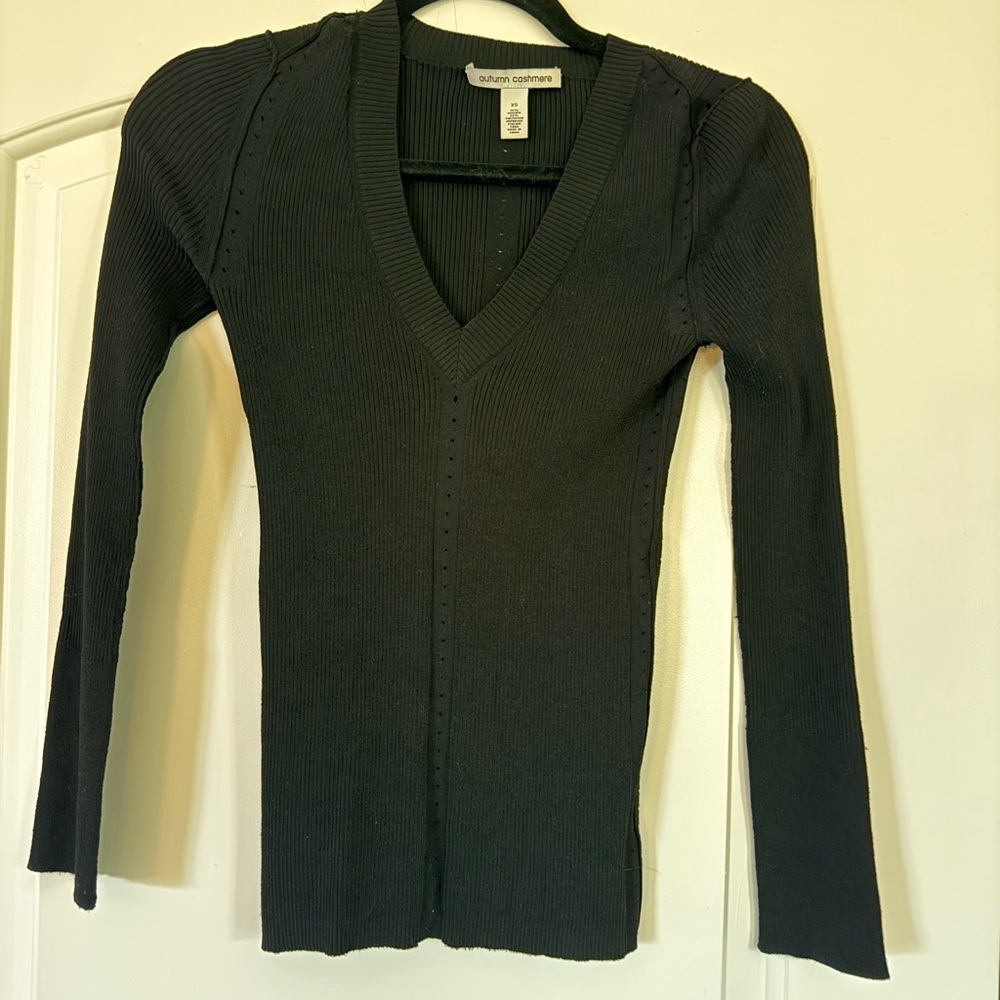 Autumn Cashmere Black Ribbed Sweater With Detailing and Raw Hem